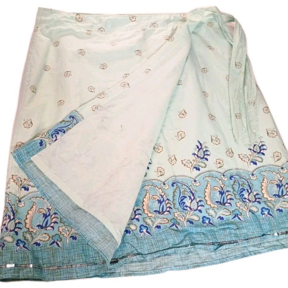 Vintage 2005 Old Navy Boho Paisley Wrap Skirt Blue Cotton Sequin Hem Size 10